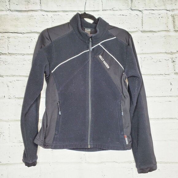 Helly Hansen Black White Fleece Full Zip Jacket Womems Medium Embroidered Floral - Picture 1 of 8
